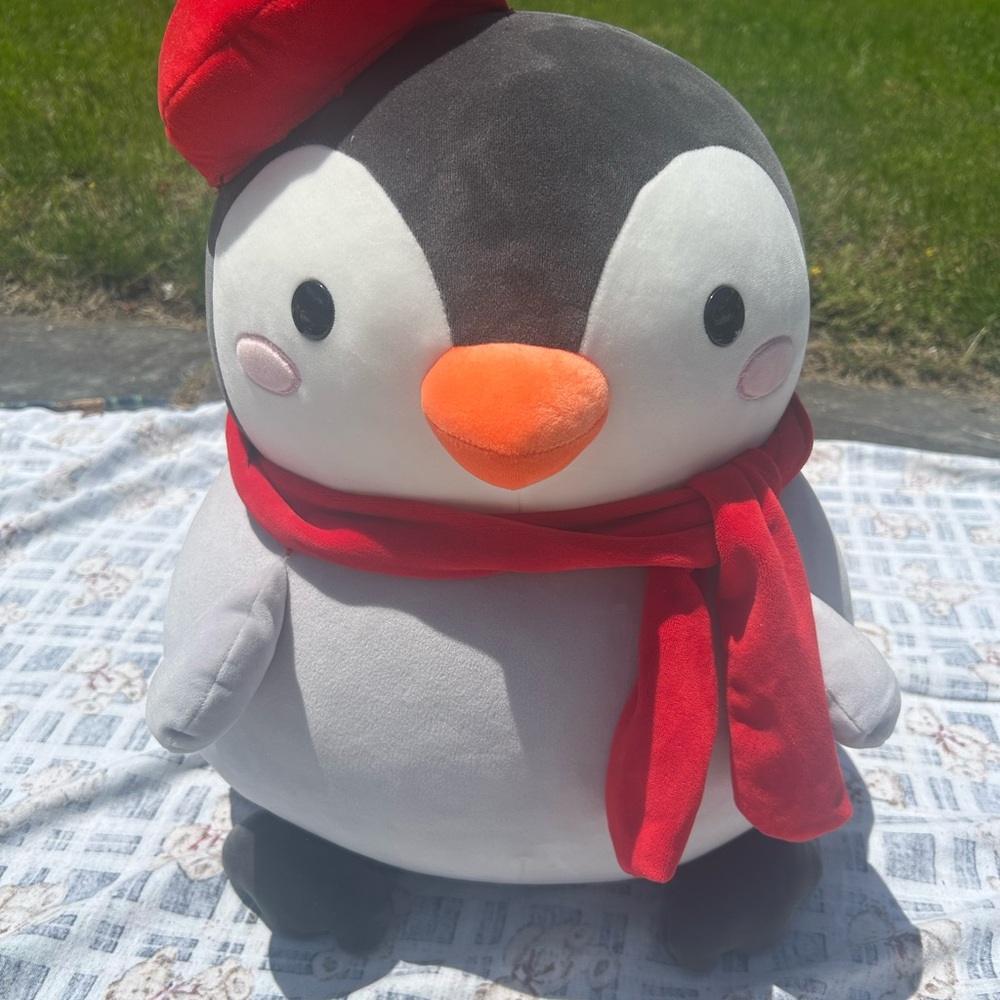 Cute Penguin Plush with Red Scarf and Hat